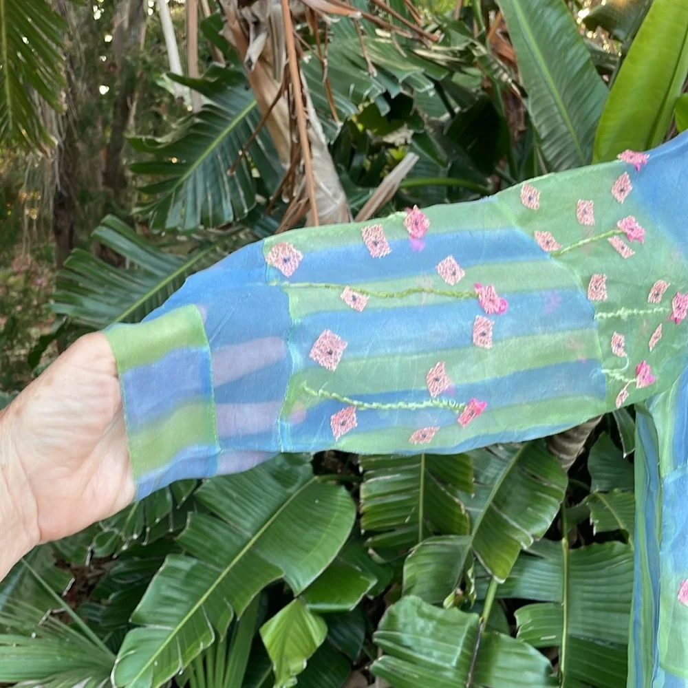 Sandy Starkman 100% silk batik and 3-D floral  sheer blouse or jacket